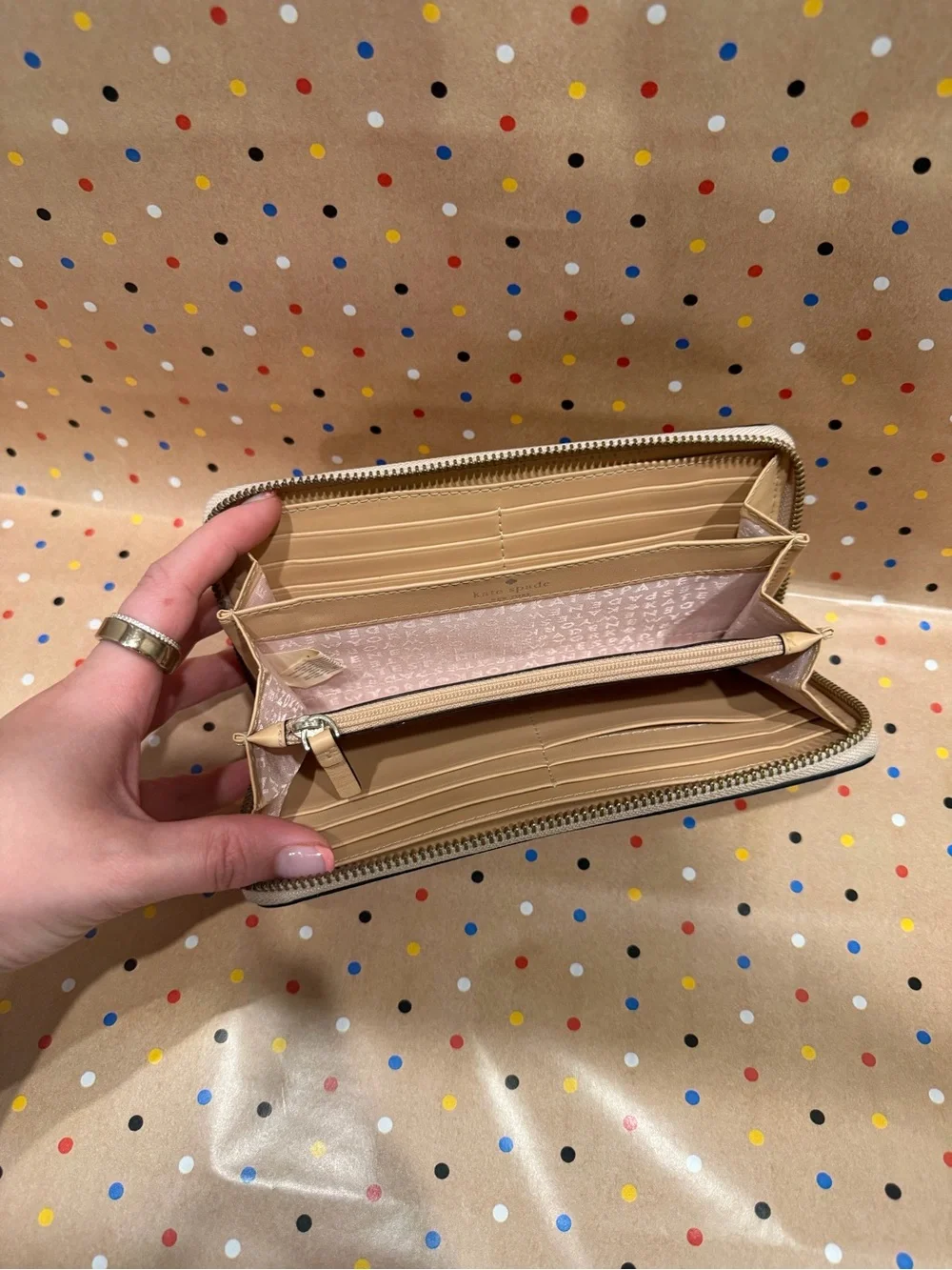 kate spade Metallic Gold Zip-Around Wallet with Logo Plate